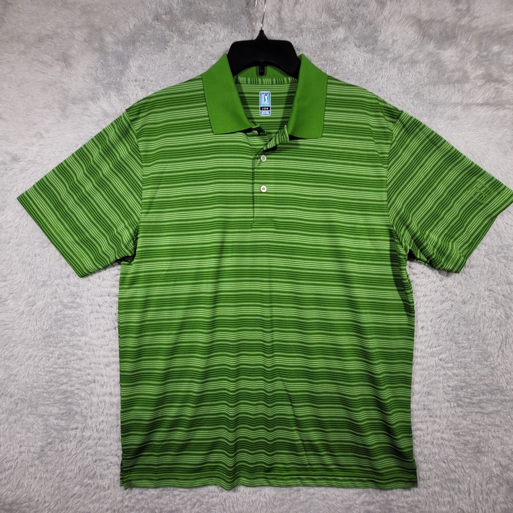 PGA Tour Mens Green Striped Golf Polo Shirt Short Sleeve Large‎